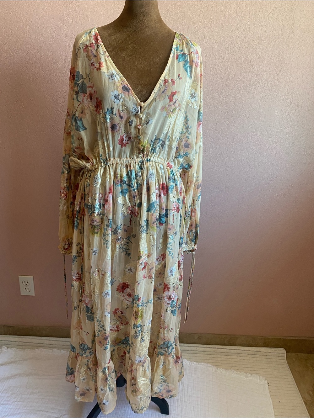 ASOS DESING Cream Floral V-Neck Long Sleeve Transparent Maxi Dress - Picture 2 of 12